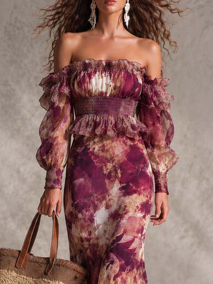 Mie | Rosa maxikjole i chiffon med blomsterprint og bare skuldre