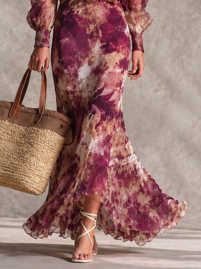 Inger | Maxikjole i chiffon med bare skuldre i lys rosa med blomster