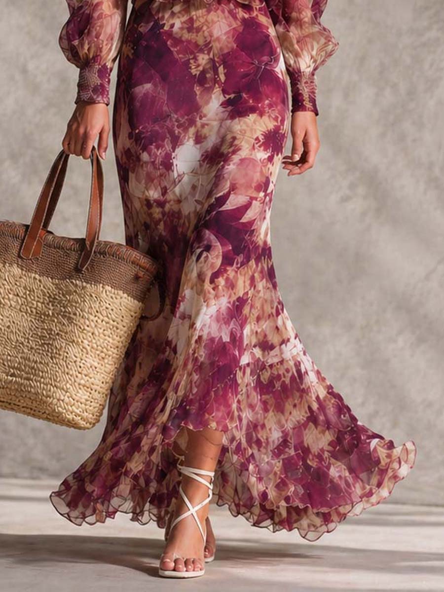 Mie | Rosa maxikjole i chiffon med blomsterprint og bare skuldre