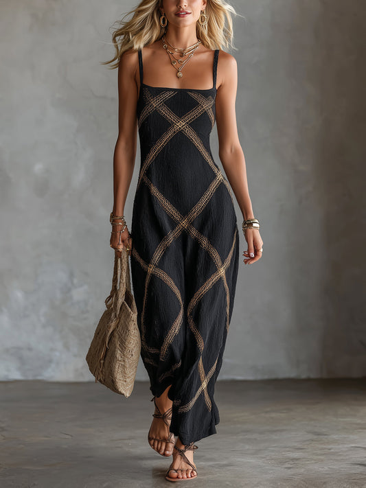 Stina | Maxikjole med geometrisk print i sort og camel