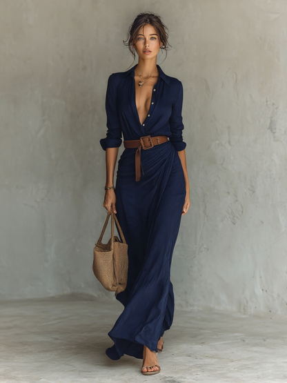 Bine | Maxikjole med bælte og lange ærmer