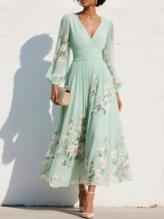 Susanne | Plisseret maxikjole i mintgrøn chiffon med blomsterprint
