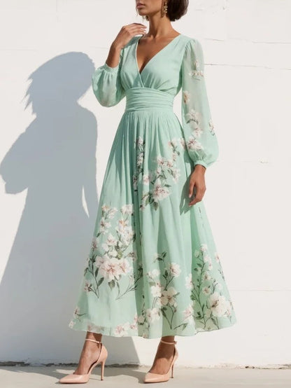 Susanne | Plisseret maxikjole i mintgrøn chiffon med blomsterprint