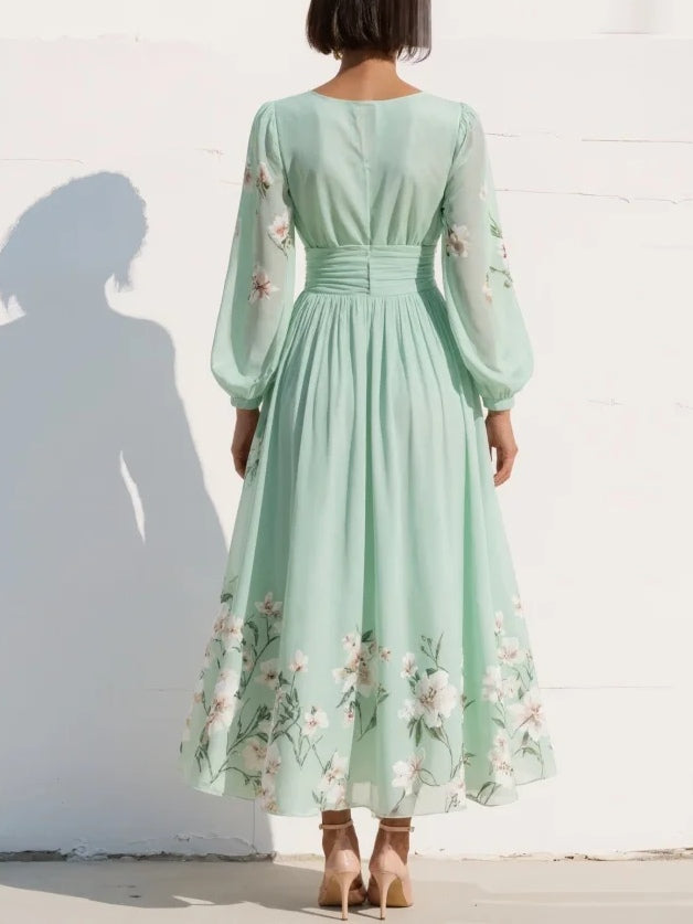 Susanne | Plisseret maxikjole i mintgrøn chiffon med blomsterprint
