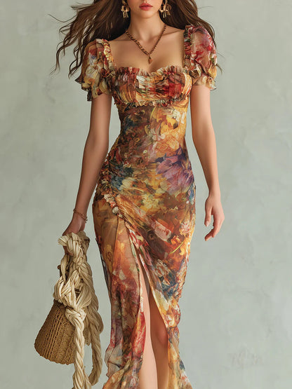 Helle | Orange maxikjole i chiffon med oliemaleri-print i bohemestil