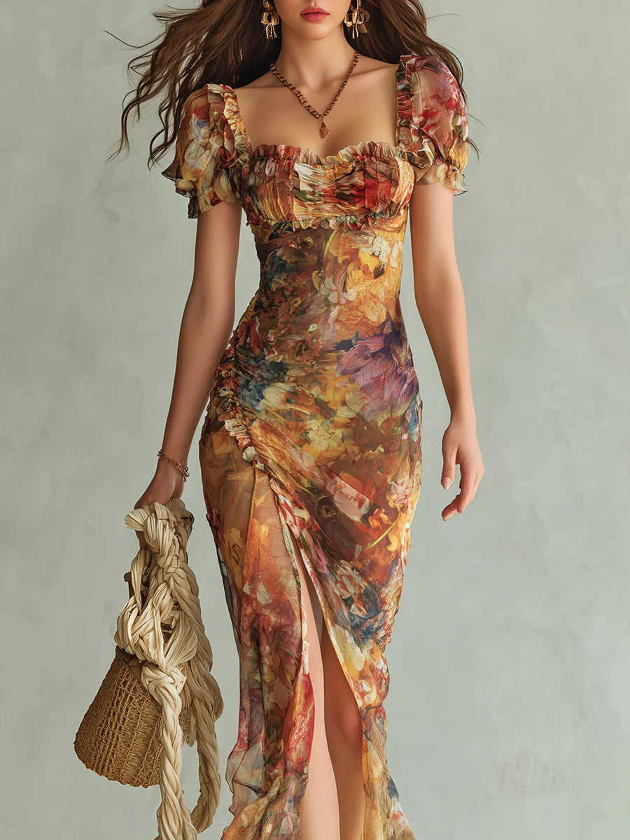 Helle | Orange maxikjole i chiffon med oliemaleri-print i bohemestil