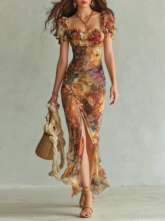 Helle | Orange maxikjole i chiffon med oliemaleri-print i bohemestil