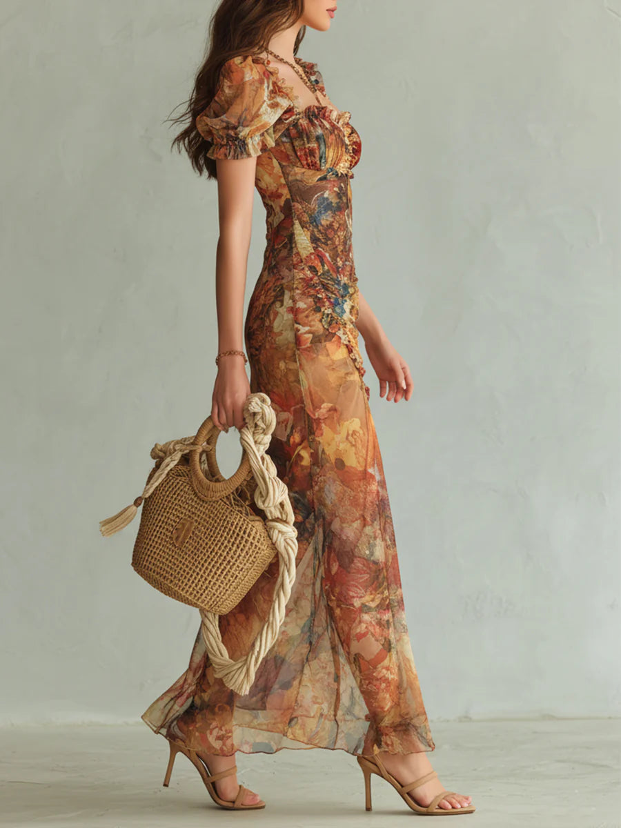 Helle | Orange maxikjole i chiffon med oliemaleri-print i bohemestil