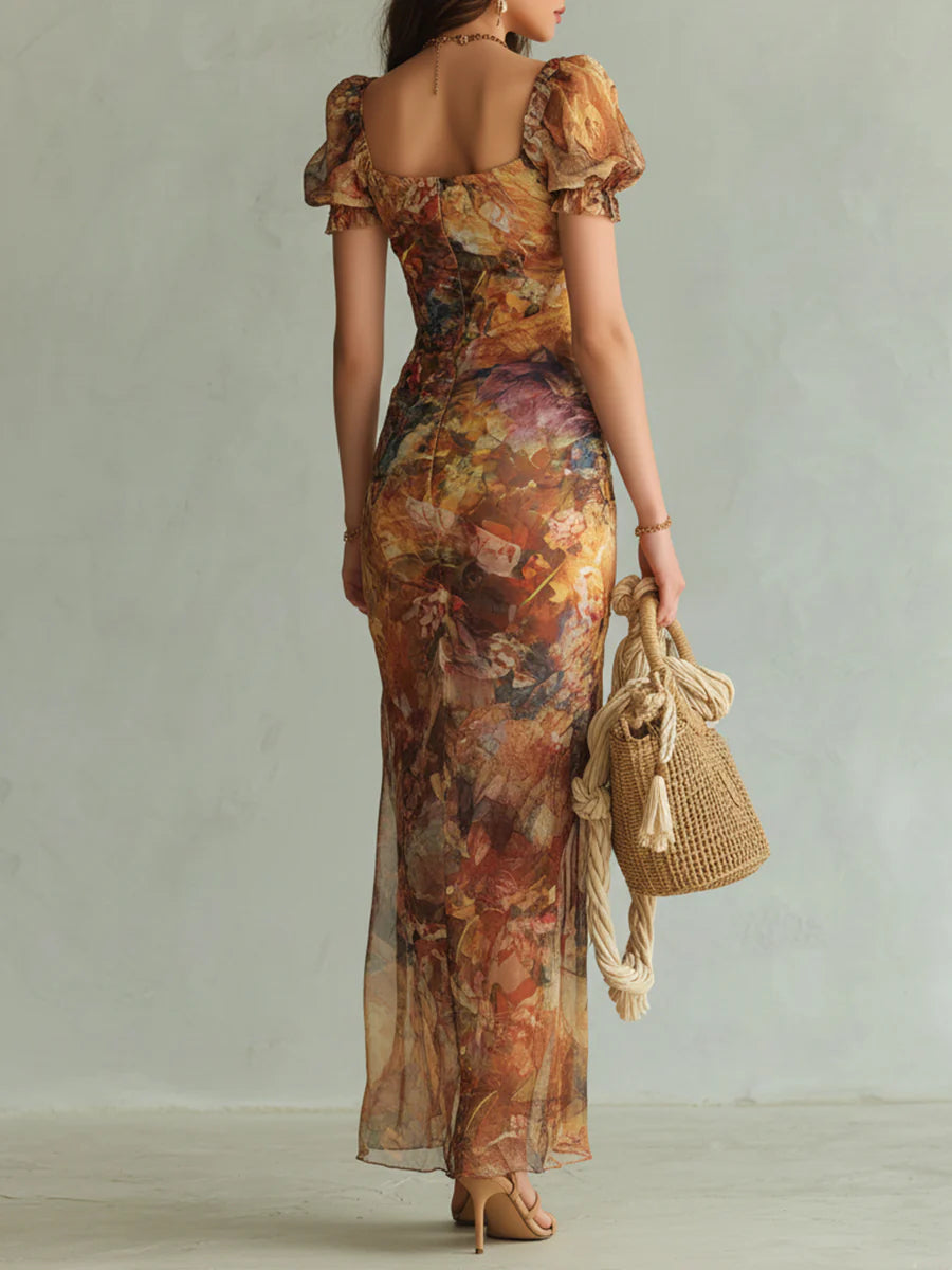 Helle | Orange maxikjole i chiffon med oliemaleri-print i bohemestil