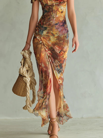 Helle | Orange maxikjole i chiffon med oliemaleri-print i bohemestil