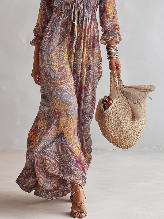 Olivia | Maxikjole i chiffon med paisleyprint og V-udskæring
