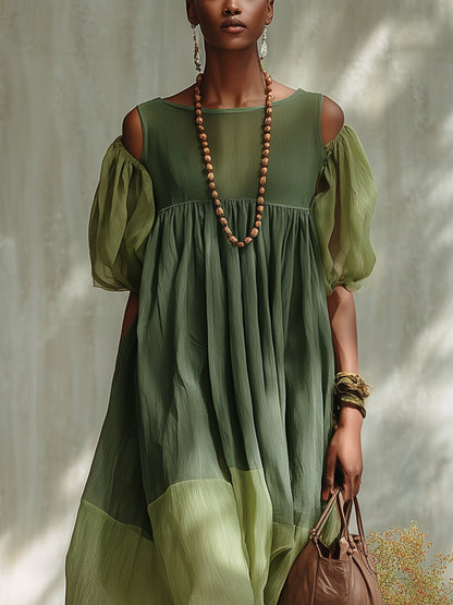 Grøn Chiffon Midikjole med Bare Skuldre