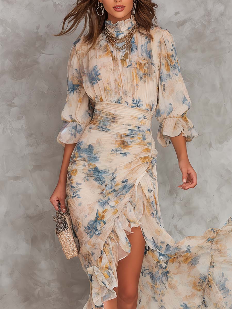 Inge | Uregelmæssig maxikjole i chiffon med blomsterprint og høj hals