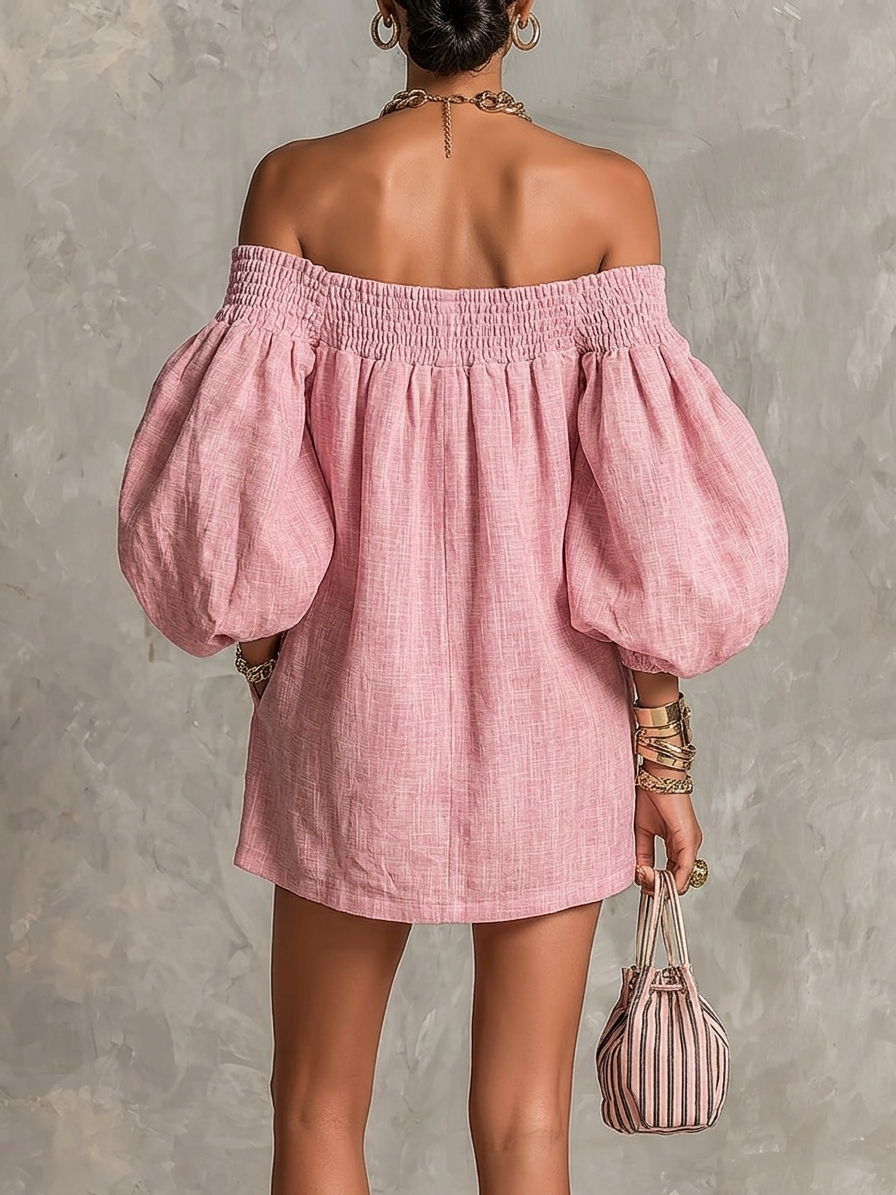 Annika | A-formet rosa minikjole med lanterneærmer og bare skuldre