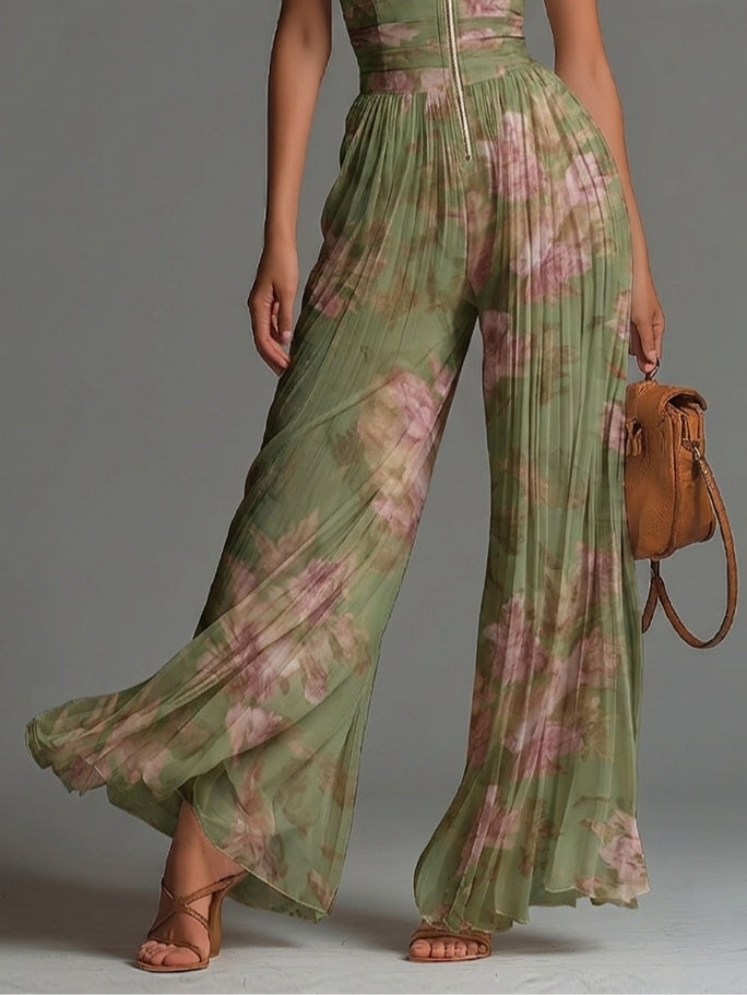 Grøn Blomstret Ærmeløs Jumpsuit i Chiffon med Lynlås