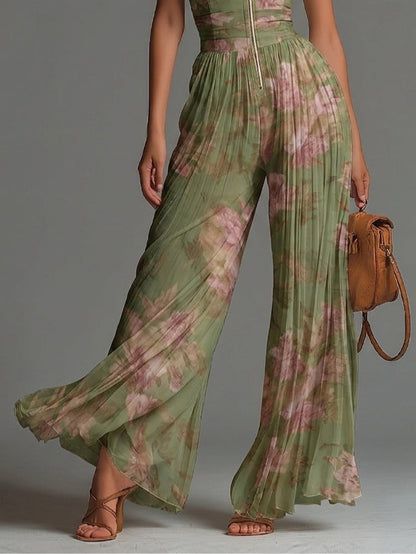 Grøn Blomstret Ærmeløs Jumpsuit i Chiffon med Lynlås