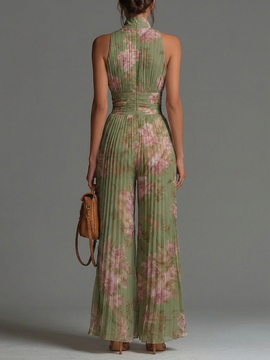 Grøn Blomstret Ærmeløs Jumpsuit i Chiffon med Lynlås