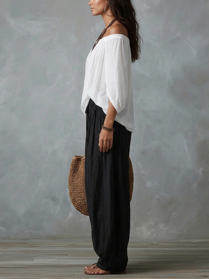 Sæt med Hvid Off-Shoulder Top og Vide Bukser