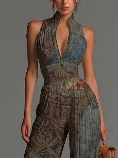 Ærmeløs Jumpsuit i Chiffon med Bohemisk Etnisk Print