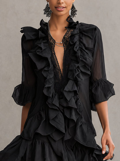 Helga | Minikjole i sort chiffon med flæser