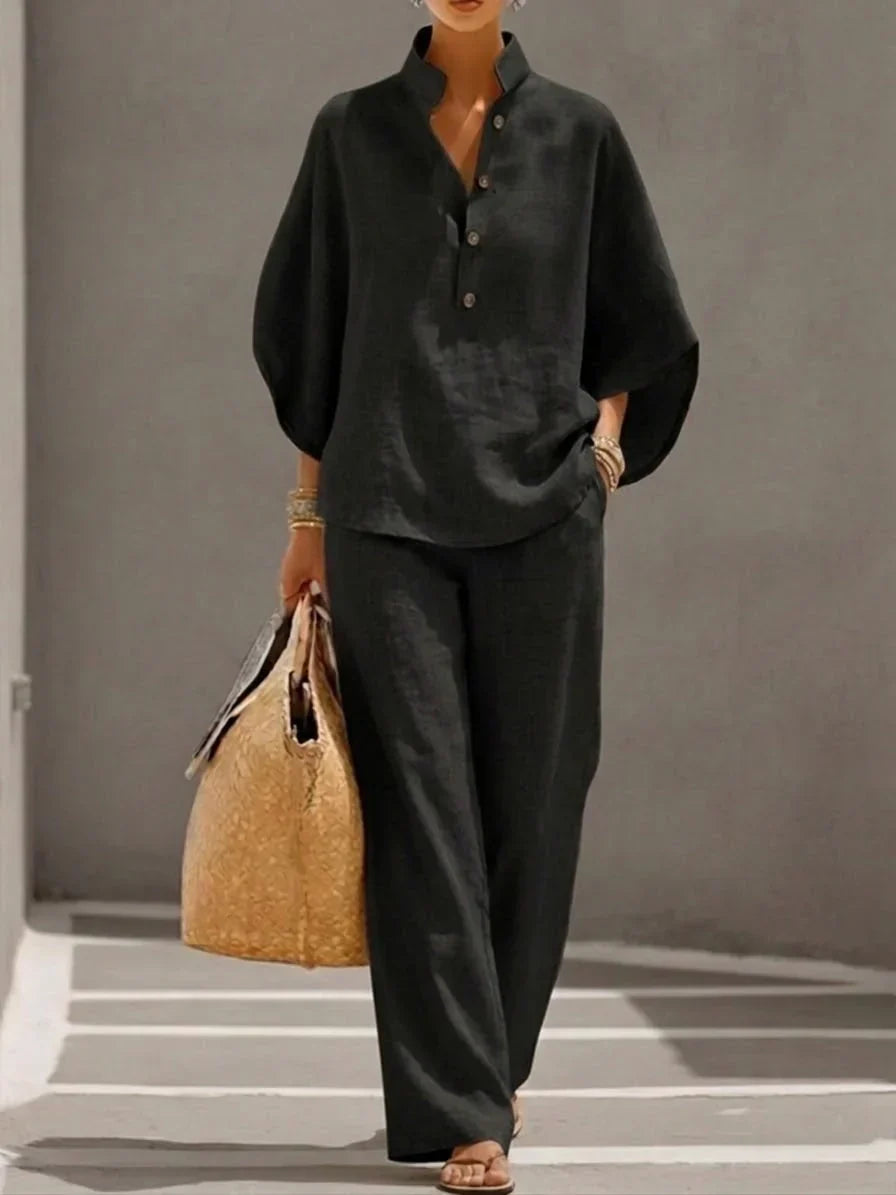 Sofie | Hørsæt med flagermusærmer og vide bukser